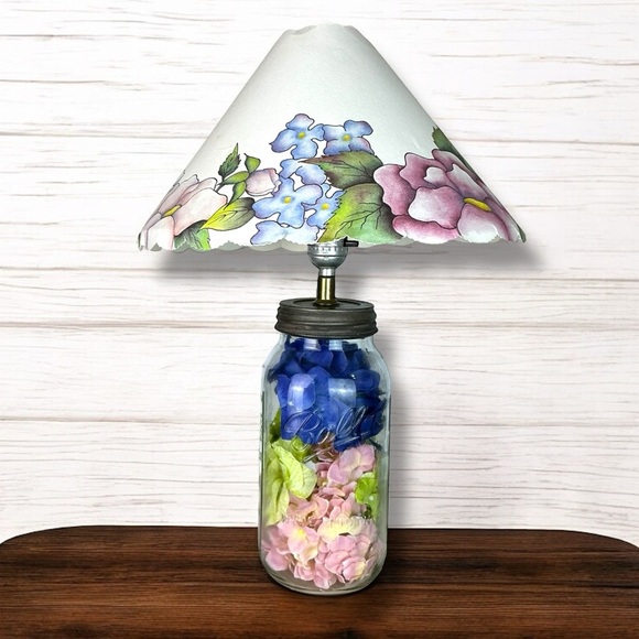 Vintage Mason Jar Lamp Hydrangea Floral Hand Crafted  21” with  Lamp Shade 1999 - Picture 1 of 16